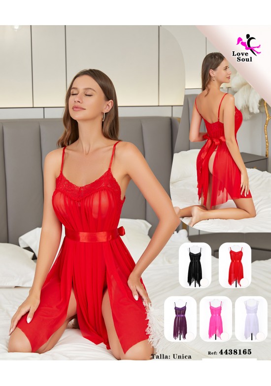 Camisón rojo de tul y encaje con lazo en cintura y abertura lateral
