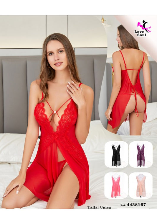 Babydoll rojo de encaje y tul con abertura frontal y espalda abierta