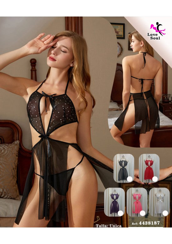 Conjunto babydoll halter negro semitransparente con strass y tanga a juego