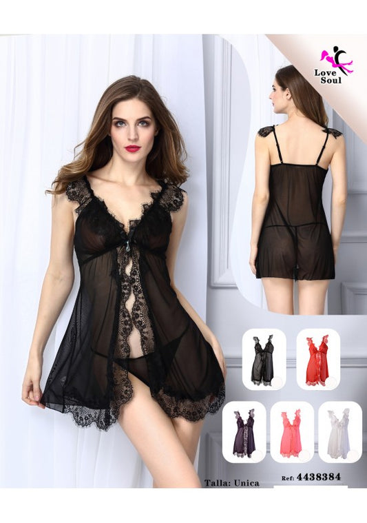 Babydoll negro de tul transparente con encaje y apertura frontal