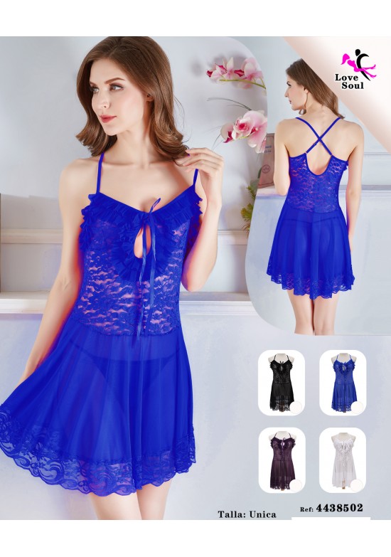 Camisón azul eléctrico de tul y encaje con lazo frontal y espalda cruzada