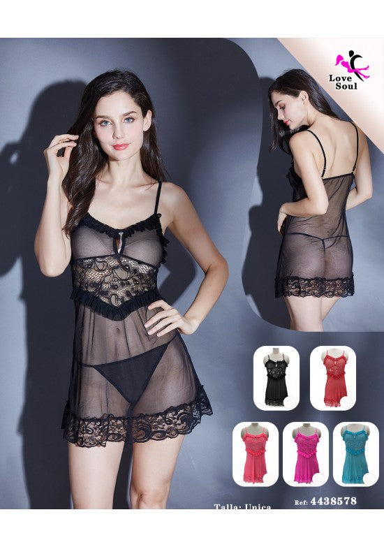 Babydoll negro de tul transparente con banda de encaje y tirantes finos