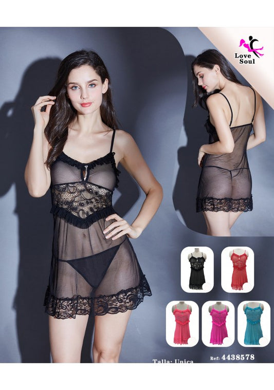 Babydoll negro de tul transparente con banda de encaje y tirantes finos