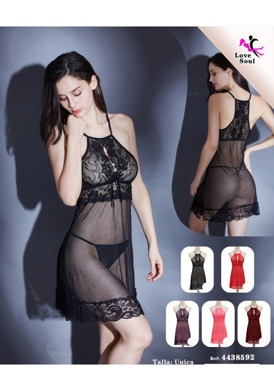 Babydoll negro de tul transparente con encaje y cuello halter