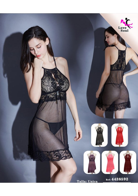 Babydoll negro de tul transparente con encaje y cuello halter