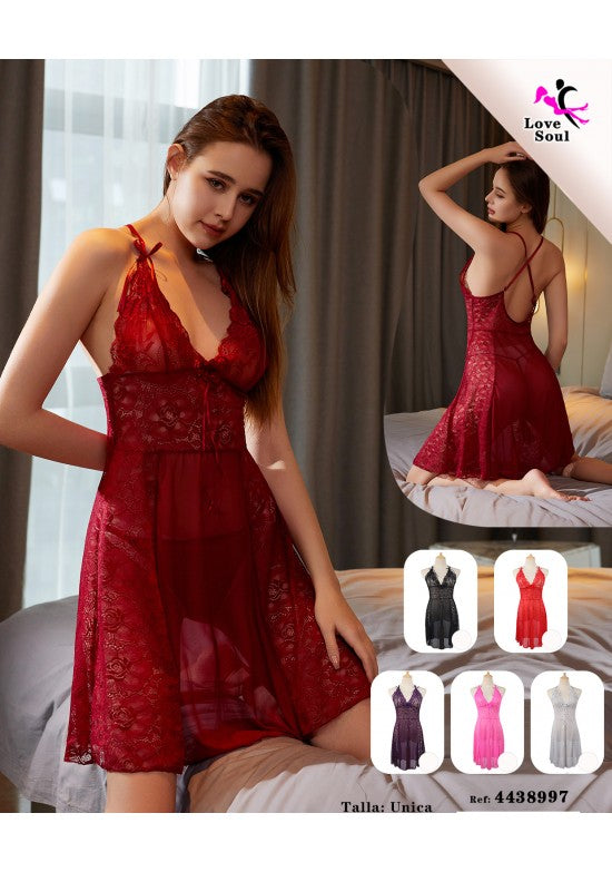 Camisón midi de encaje floral rojo con escote en V y espalda cruzada