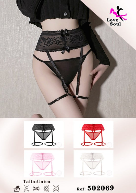 Liguero de cintura alta con encaje floral y tanga a juego en negro, rojo, rosa y blanco