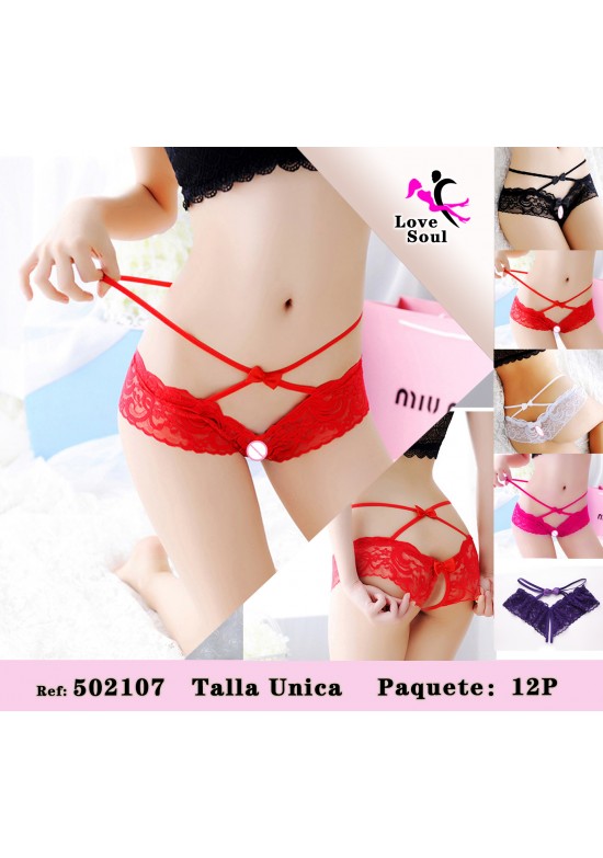 Tanga de encaje con tiras cruzadas y lazo en varios colores