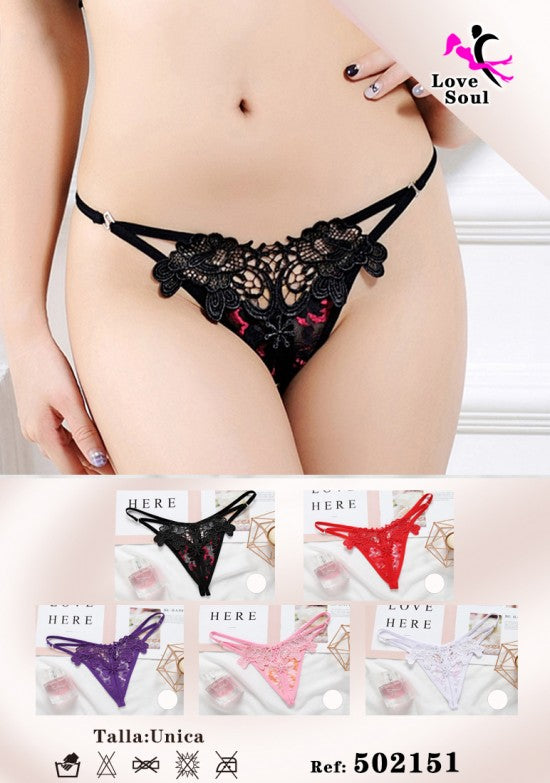 Tanga negro con encaje floral y tiras dobles ajustables