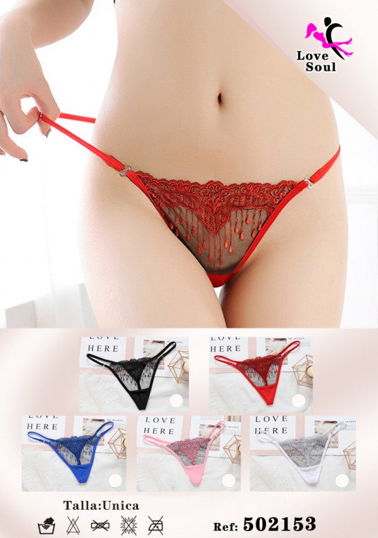 Tanga rojo de tul con bordado floral y flecos colgantes