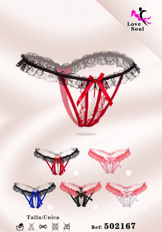 Tanga de encaje negro con lazo rojo en varios colores