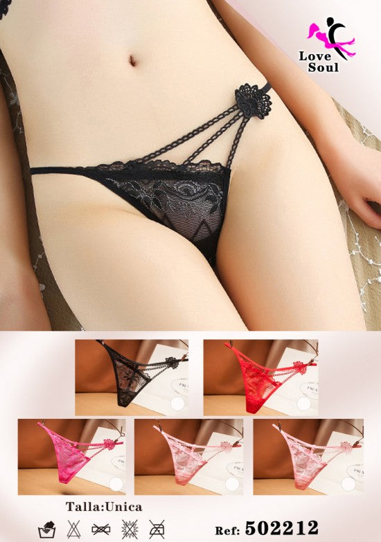 Tanga negro de encaje floral con tiras dobles y broche decorativo en forma de flor