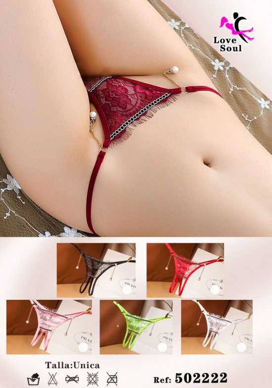 Tanga de encaje floral burdeos con cadena dorada y colgante de perla en la cintura