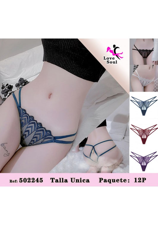 Tanga femenina con encaje floral y tiras decorativas en varios colores