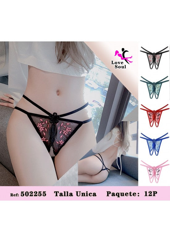 Tanga de tul negro con bordado floral rosa y tirantes decorativos cruzados en la cadera