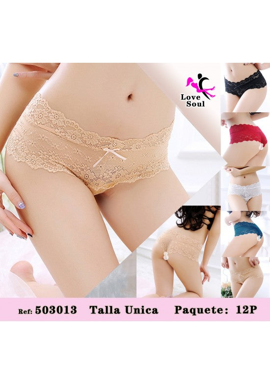 Braguita culotte de encaje floral con lazo en color beige, disponible en varios colores
