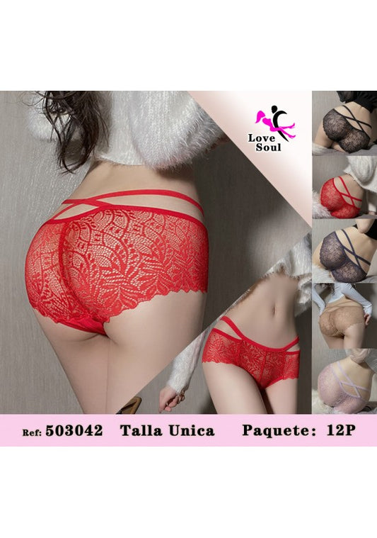 Braguita de encaje floral rojo con tiras cruzadas y puntilla en el bajo