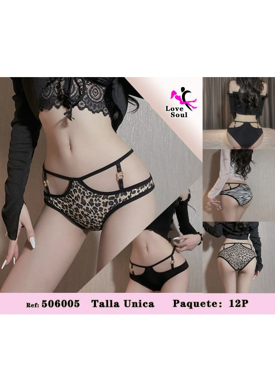Braguita de lencería con estampado leopardo y tiras decorativas con hebilla dorada