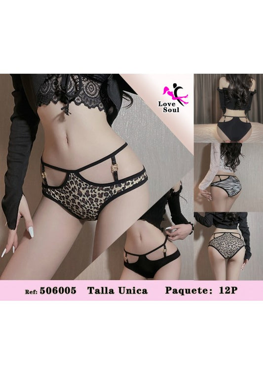 Braguita de lencería con estampado leopardo y tiras decorativas con hebilla dorada