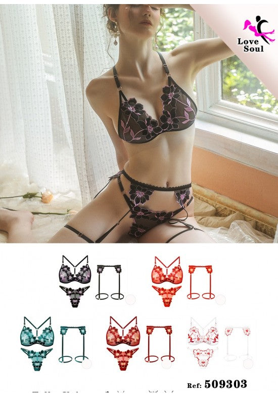 Conjunto lencería encaje bordado floral oscuro con liguero y tanga 3 piezas