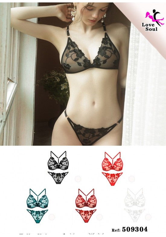 Conjunto de lencería de encaje floral con sujetador triangular y tanga en negro