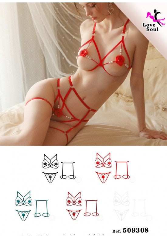 Conjunto lencería harness elástico rojo con rosas y perlas 3 piezas