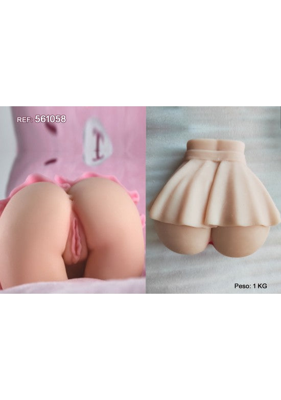 Masturbador compacto de glúteos con falda plisada en tono piel claro, vistas frontal y trasera