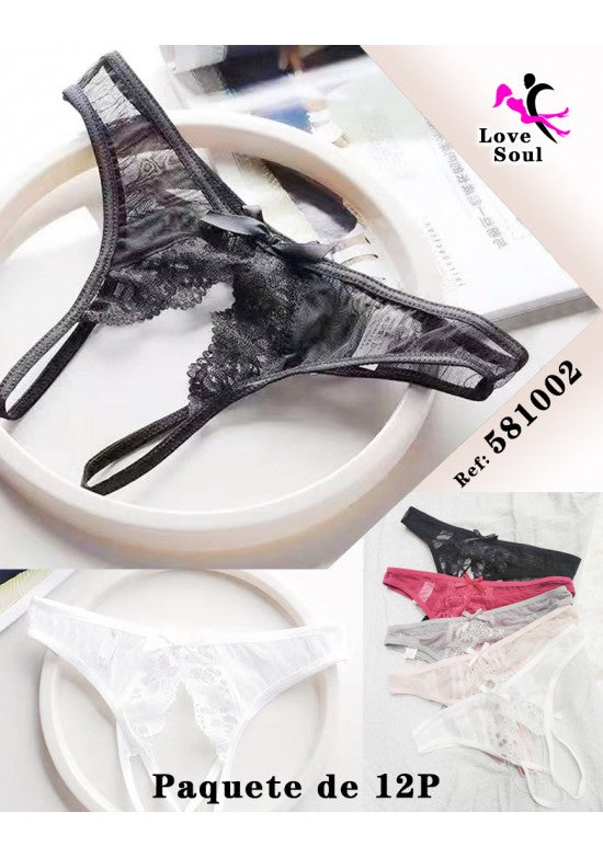 Tanga de encaje transparente con motivo floral y lazo, pack 12 unidades, varios colores