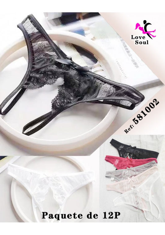 Tanga de tul transparente con encaje floral y lazo decorativo en varios colores – pack 12