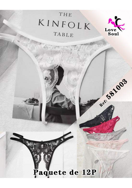 Tanga de encaje floral con doble banda lateral y lazo en varios colores – pack 12
