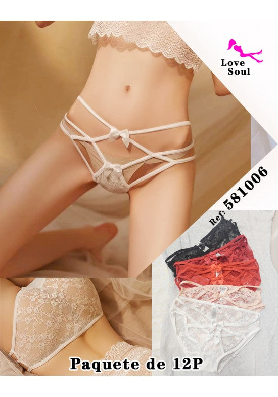 Braga brasileña de encaje con tirantes cruzados y lazo, pack 12 unidades, varios colores