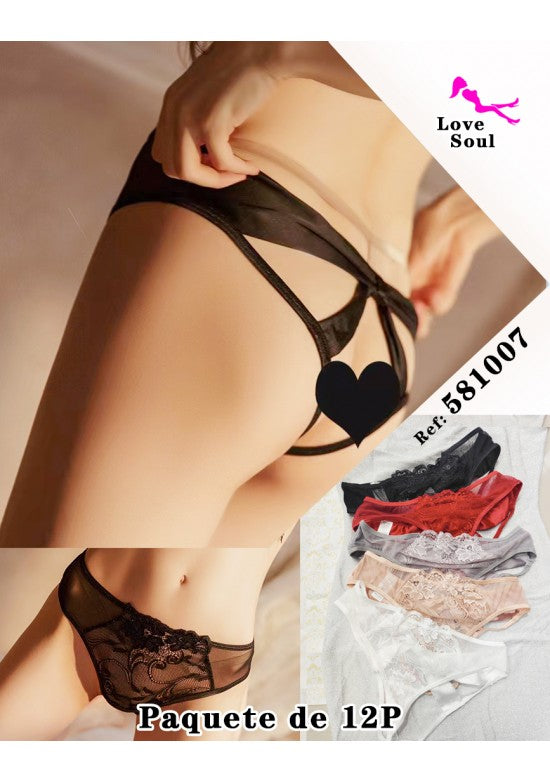 Braga tanga de encaje floral con tirantes cruzados, pack 12 unidades, varios colores