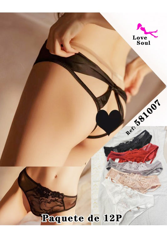 Braga tanga de encaje floral con tirantes cruzados, pack 12 unidades, varios colores