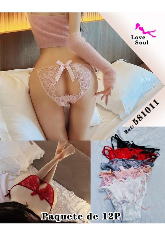 Tanga de encaje rosa con lazo y abertura trasera, varios colores disponibles
