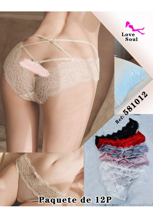 Braguita de encaje nude con tiras entrecruzadas traseras, pack 12 unidades en varios colores