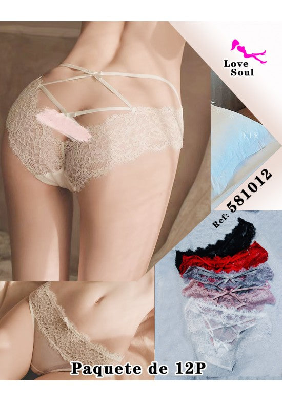 Tanga de encaje beige con tiras cruzadas en la espalda - pack 12 unidades