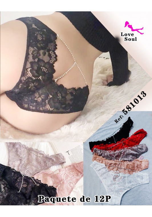 Braguita de encaje floral negro con cadena decorativa trasera, pack 12 unidades en varios colores