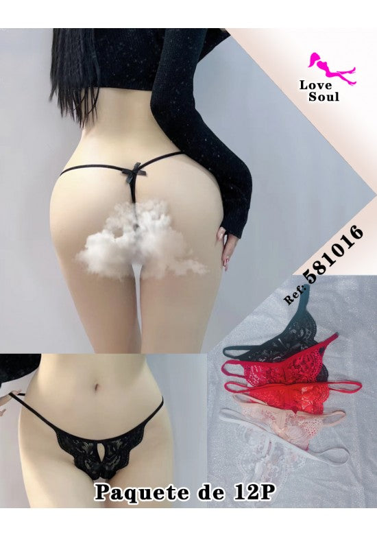 Tanga de encaje con lazada en negro, rojo y rosa - pack 12 unidades