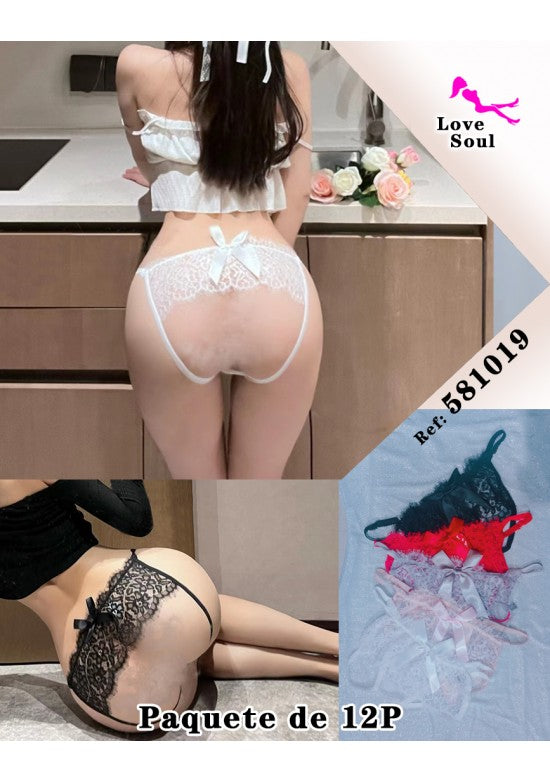 Culotte de encaje blanco con lazo trasero, pack 12 unidades en varios colores