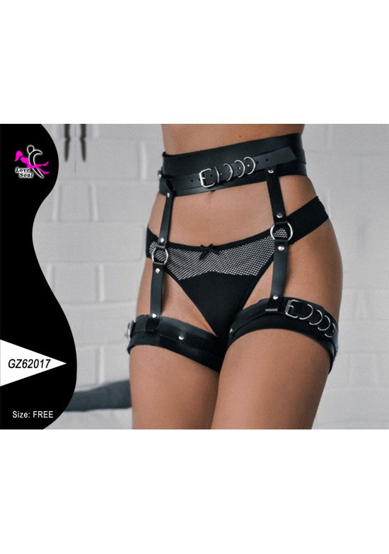 Harness negro de cintura alta y muslos con panel de red y hebillas plateadas