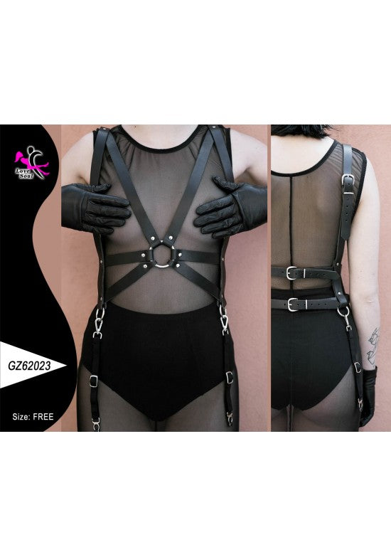 Harness de torso unisex en cuero sintético negro con correas cruzadas y liguero desmontable, vista frontal y trasera