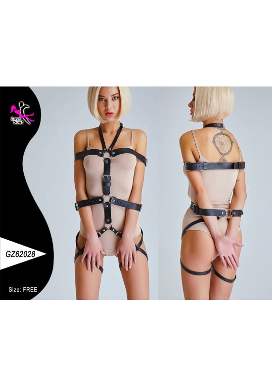 Harness de cuerpo entero negro con collar, arnés, cinturón y liguero para mujer