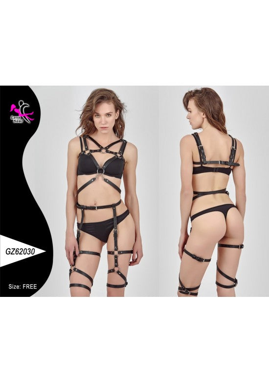 Conjunto harness completo de cuero sintético negro con liguero y ligas para muslo