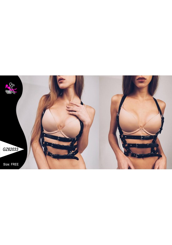 Harness corporal de tiras elásticas negras con hebillas metálicas para mujer