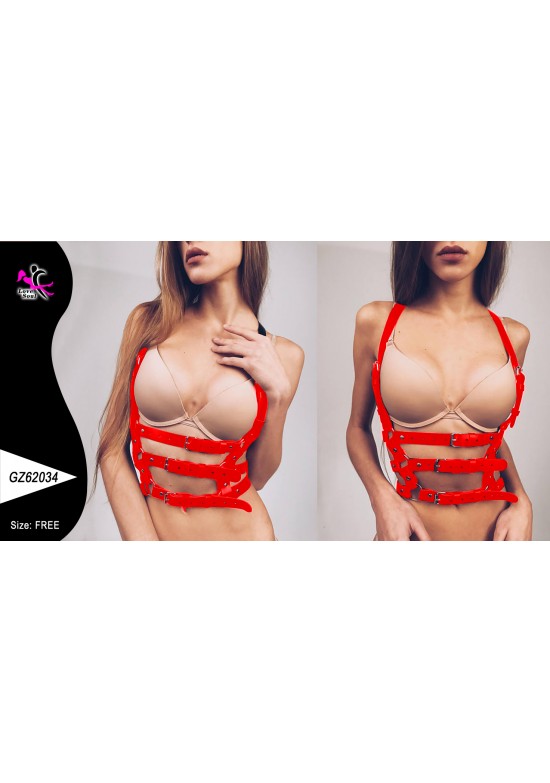 Harness corporal de tiras elásticas rojas con hebillas metálicas para mujer