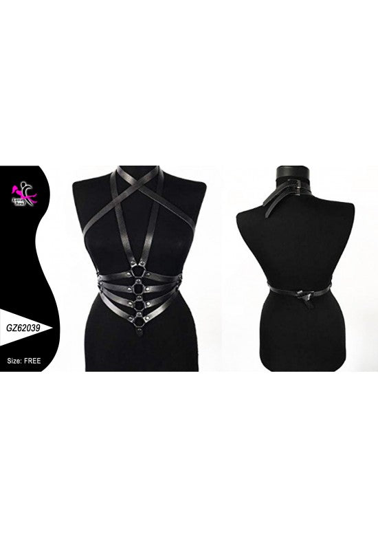 Harness corporal negro con collar y tiras cruzadas visto de frente y espalda