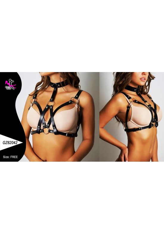 Harness de pecho negro para mujer con collar integrado y anillas metálicas, vista frontal y lateral