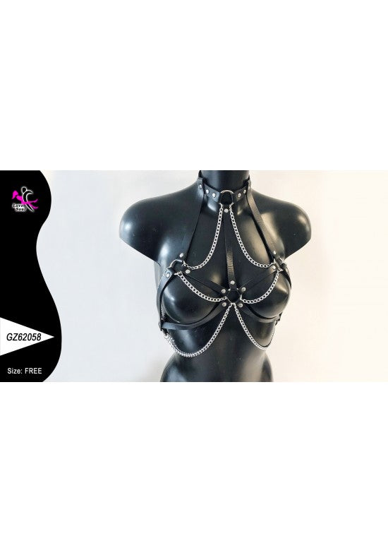 Harness de busto femenino negro con collar integrado y cadenas plateadas