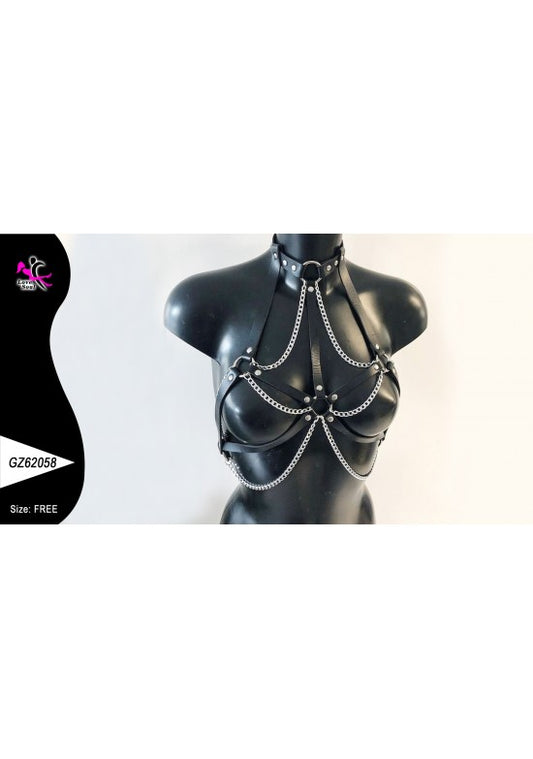 Harness de busto femenino negro con collar integrado y cadenas plateadas