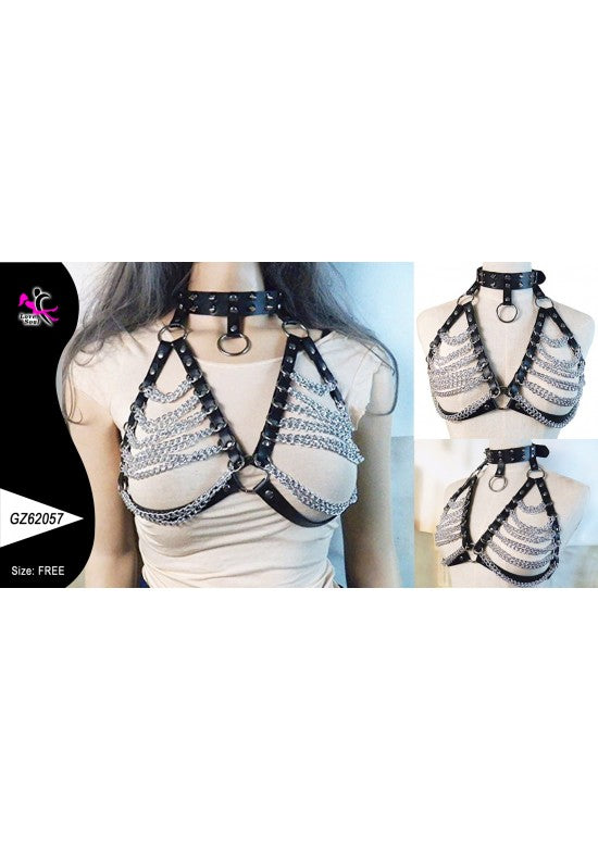 Harness de busto femenino negro con choker y múltiples cadenas plateadas
